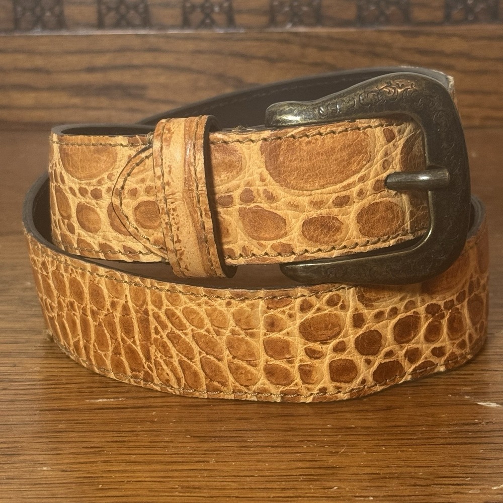 Berge Genuine Leather Belt Brown Croc Embossed Made in Italy 34.5" x 1.25"